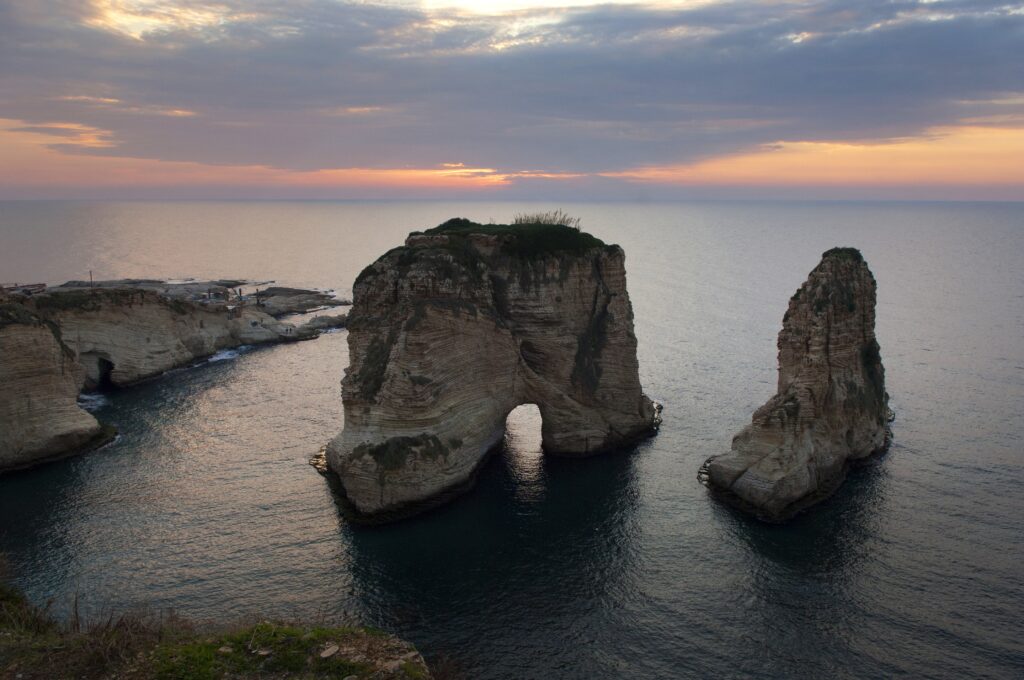 The Pigeons' Rock during the sunset in Beirut, Lebanon